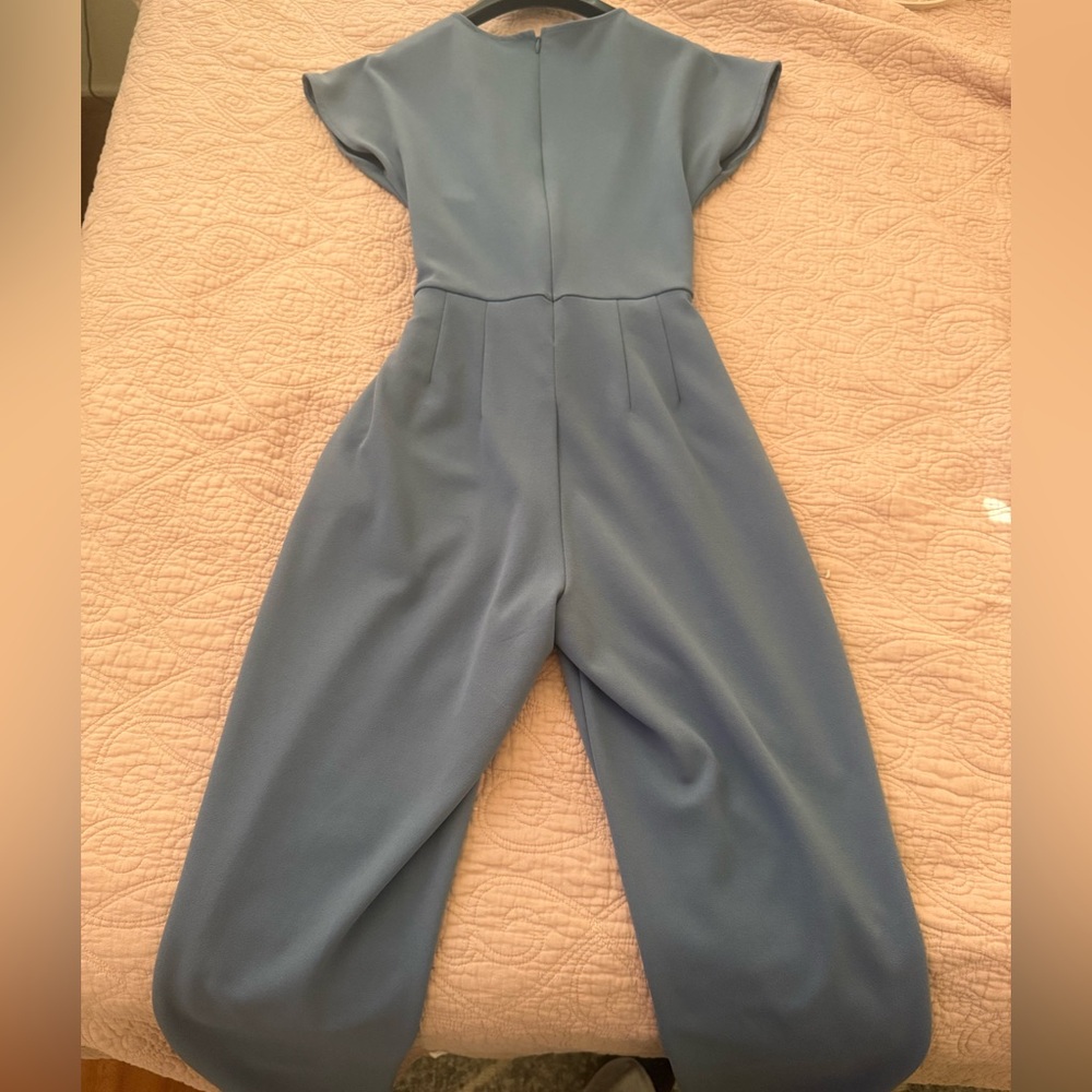 Express Light Blue V-Neck Tie-Waist Jumpsuit - Picture 4 of 5